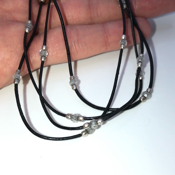 Silpada Sterling Black Leather Cord CZ Bead Multi Strand Necklace 16” + 2” N1976 - Picture 4 of 8